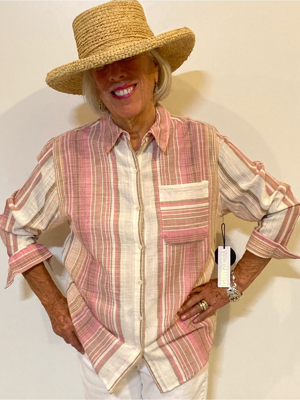 Amuse Society Pink and Cream Striped Button-Down Shirt S NWT